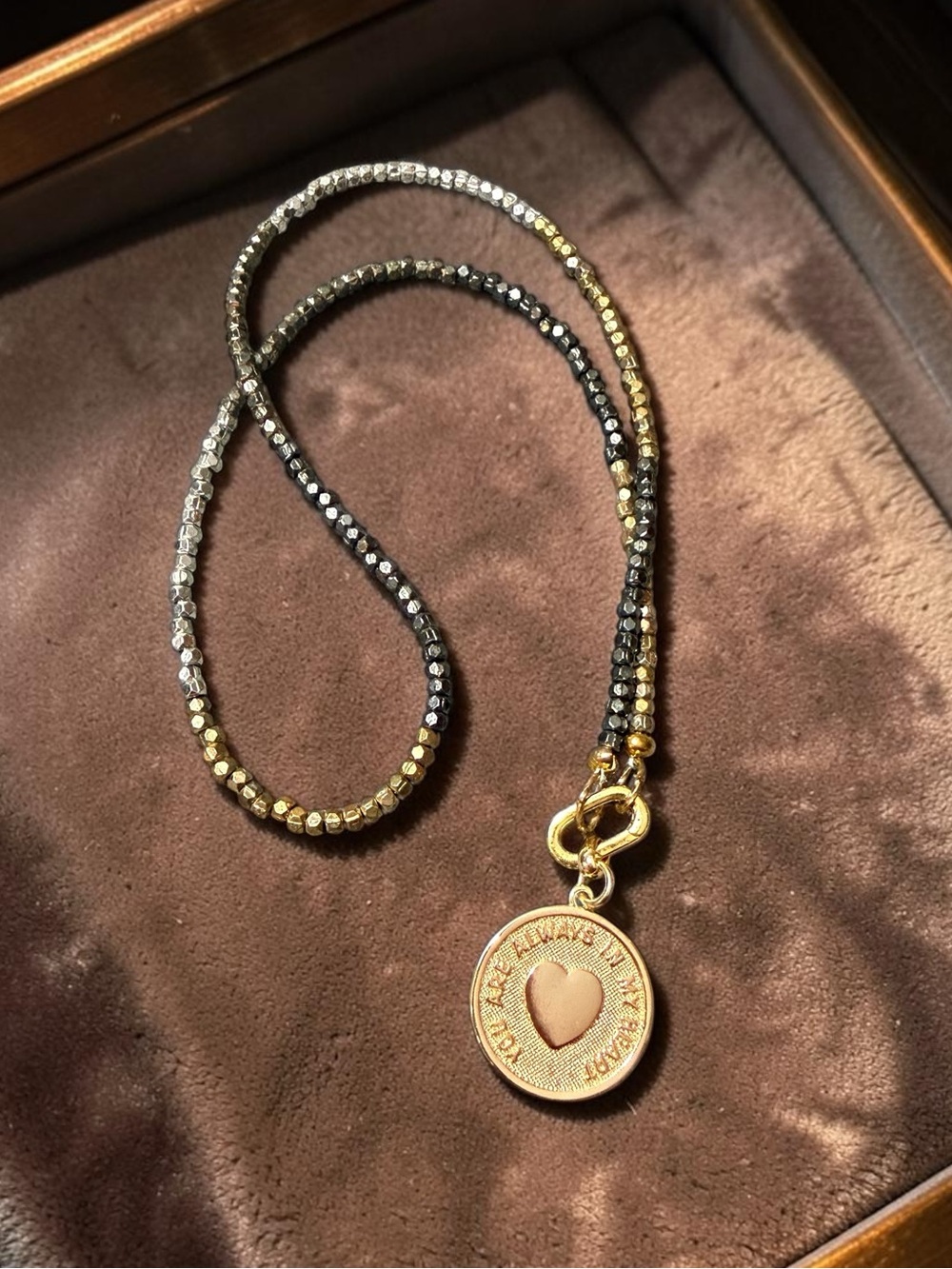 Gold Heart Charm & Metallic Bead Necklace.